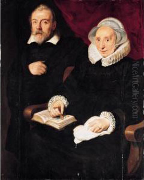A Portrait Of Elisabeth Mertens,
Seated Three-quarter Length Wearing Black With A White Ruff And Cape,
And A Posthumous Portrait Of Her Late Husband, The Painter Frans
Francken The Elder, Standing Next To Her - view 1