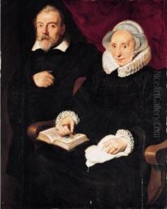 A Portrait Of Elisabeth Mertens,
 Seated Three-quarter Length Wearing Black With A White Ruff And Cape, 
And A Posthumous Portrait Of Her Late Husband, The Painter Frans 
Francken The Elder, Standing Next To Her