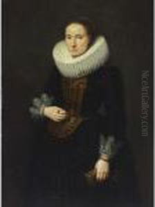 A Portrait Of A Lady, Standing
Three-quarter Length, Wearing A Black Dress With White Lace Cuffs And
Collar And An Embroidered Bodice, Holding Gloves In Her Left Hand A Portrait Of A Lady, Standing
Three-quarter Length, Wearing A Black Dress With White Lace Cuffs And
Collar And An Embroidered Bodice, Holding Gloves In Her Left Hand