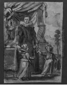 A Study For A Portrait Of A Woman And Her Two Children Standing Bya Table On A Terrace by Cornelis De Vos