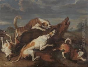 Hundemeute Im Kampf Mit Einem Wildschwein by Paul de Vos