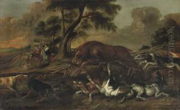 Hounds Attacking A Deer In A Hilly Landscape, A Hunters Couple On Horseback Nearby - view 1