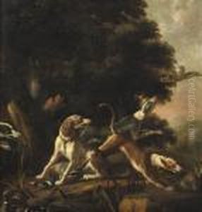 Hounds Chasing Game In A Wooded Landscape by Paul de Vos