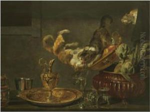 Tussling Cats On A Tabletop Laid
 With Ornate Silver And Goldobjects And An Urn Filled With Artichokes by Paul de Vos