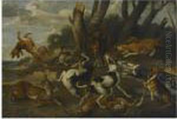 Hounds Attacking A Boar, In A Wooded Landscape - view 1