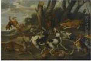 Hounds Attacking A Boar, In A Wooded Landscape by Paul de Vos