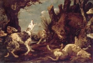 A Landscape With Hounds Attacking A Boar by Paul de Vos
