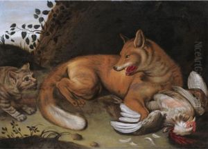 A Still Life With A Fox And A Cat Fighting Over A Chicken