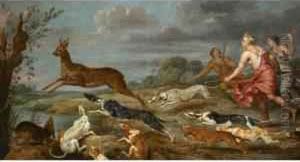 Diana And Her Nymphs Hunting Deer by Paul de Vos