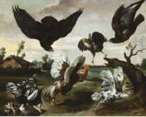 A Cockerel, Hens And Chicks Attacked By Hawks by Paul de Vos