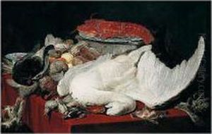 Still Life Of A Swan, A Lobster
On A Blue And White Porcelain Plate, Strawberries In A Blue And White
Porcelain Bowl, Fruit, Asparagus And An Artichoke, Dead Fowl, All On A
Table Covered With A Red Cloth, A Cat On The Left by Paul de Vos