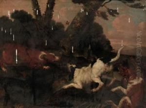 Hounds Chasing A Hare In A Wooded Landscape by Paul de Vos