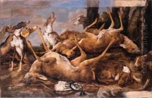 Spaniels With Dead Game At The Foot Of A Tree In A Landscape by Paul de Vos