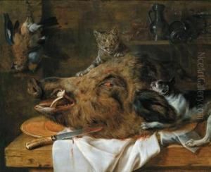 Natura Morta Venatoria Con Testa Di Cinghiale E Gatti by Simon de Vos