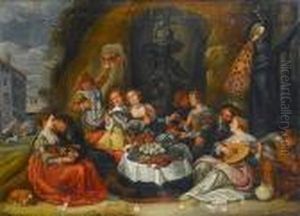 An Elegant Company Merrymaking At The Entrance To A Grotto