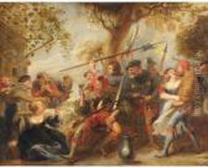 Soldiers And Boors Carousing Outside A Tavern