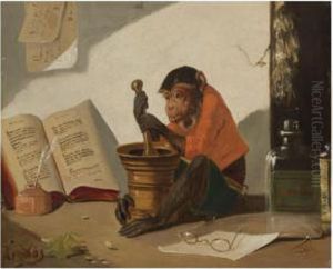 A Singerie Scene With A Simeon Alchemist by Vincent de Vos