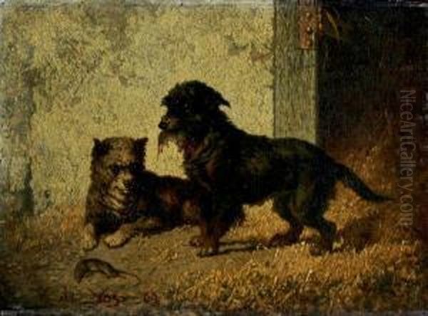 Two Terriers Outside A Barn - view 1