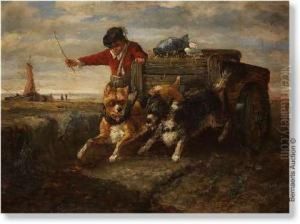 Boy With Dogcart In The Dunes. Panel (mahogany). Signed V.de Vos. by Vincent de Vos