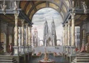 A Capriccio With Elegant Figures
 In An Arched Colonnade, A Town Square And A Church Beyond