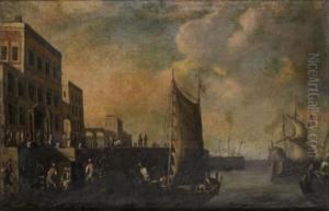 Vue Fantaisiste Du Port De Genes Anime De Nombreux Personnages by Cornelis de Wael