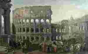 A View Of The Colosseum With Numerous Figures In The Foreground by Cornelis de Wael