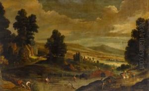 An Extensive River Landscape 
With Fishermenand Their Nets In The Foreground And Travellers On A 
Bridgebeyond