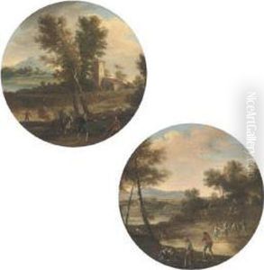 A Wooded River Landscape With
Drovers At Rest; And A Wooded River Landscape With A Hunting Party In
The Foreground, An Outbuilding Beyond by Cornelis de Wael
