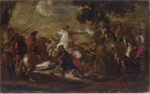 A Cavalry Battle Scene In A Wooded Landscape by Cornelis de Wael