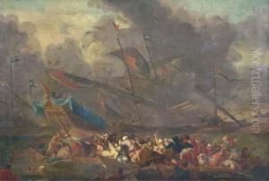 A Naval Battle Between An Ottoman And A Christian Fleet by Cornelis de Wael