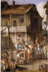 Soldiers Before A Tavern Drawing Water From A Well And Watering Their Horses by Cornelis de Wael