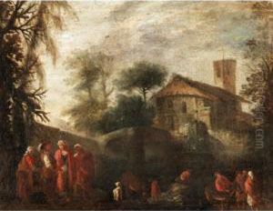 River Landscape, With Figures Before A Bridge, A Cottage Beyond River Landscape, With Figures Before A Bridge, A Cottage Beyond