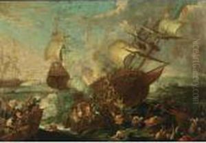 A Naval Battle Scene With 
Ottoman And Christian Soldiers Fighting Aboard A Ottoman Ship, Other 
Shipping Beyond by Cornelis de Wael