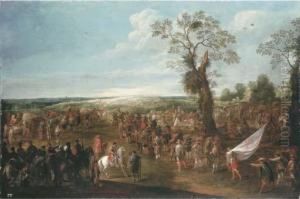 Troops Manoeuvring In An Extensive Landscape by Cornelis de Wael