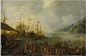 A Coastal Landscape With Warships And Galleys Unloading Trade