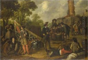 A Camp Scene With Soldiers Resting And Playing Dice
