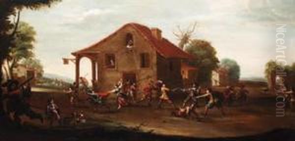 Soldiers Fighting Outside A Tavern - view 1