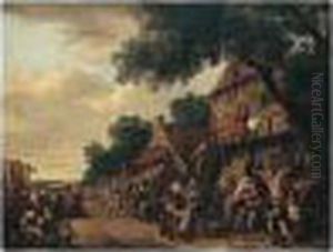 A Crowded Village Scene With 
Figures Drinking Before An Inn, A Play Being Staged On The Left