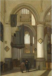 The Interior Of Delft Cathedral With Two Figures Conversing In The Foreground by Emanuel de Witte