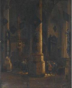 A Church Interior With Elegant Figures Conversing by Emanuel de Witte