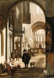 The Interior Of A Gothic Church,
Looking Down The Aisle To Thechoir, With A Family Begging For Alms by Emanuel de Witte