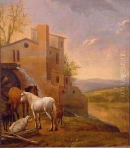 Two Horses And Three Goats By A Waterspout In An Arcadian Landscape