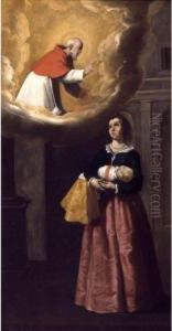 A Young Mother Invoking The Blessing Of Saint Raymond Nonnatus For Her Newborn Child by Francisco De Zurbaran