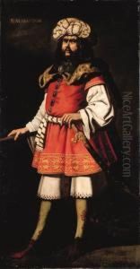 Portrait Of King Almanzor, 
Full-length, In A Red Tunic And Fur Cape, A Sword In His Left Hand