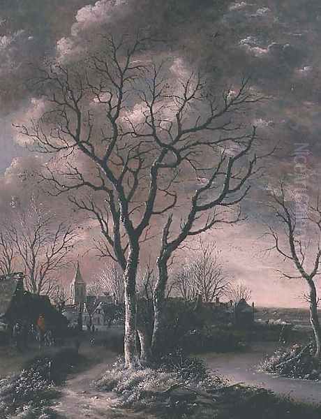 A Frozen River Landscape with Travellers on a path - view 1