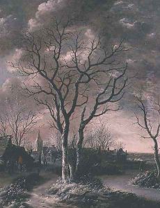 A Frozen River Landscape with Travellers on a path by Jan Van De Capelle