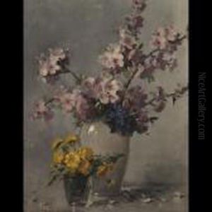 Vase Of Blossoms Beside A Glass Jar Of Marigolds by Adrienne Hermine Deak-Henczne