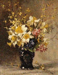 Daffodils, Mimosa And Blossom In A Vase by Adrienne Hermine Deak-Henczne