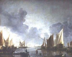 A calm, with a dignitary heralded in a state barge and fishermen in the foreground by Jan Van De Capelle