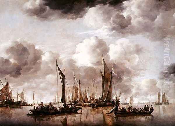 A Dutch Yacht Firing a Salute as a Barge Pulls Away, 1650 by Jan Van De Capelle